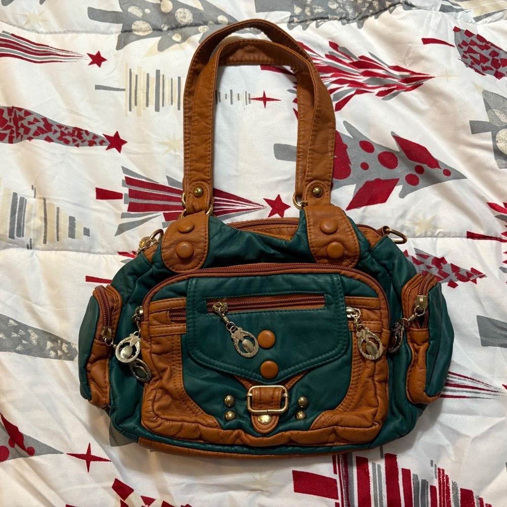 Y2K Green Brown Moto Satchel Bag Multi Pocket Boho Shoulder Purse